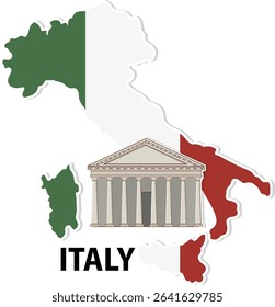 Vector illustration of Italy's map with a classical building overlay. Features Italian flag colors and clean design