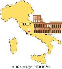 Ilustração vetorial do mapa da Itália destacando Roma com um gráfico do Coliseu. Paleta de cores simples e composição clara