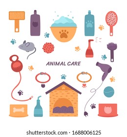 Vector illustration of items for the care of dogs and cats.