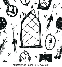 Vector illustration. Items for divination and magic. Mushrooms, broken mirror, Gothic window, ginger, dried flowers, scissors, pentagram, magic. Witchcraft. Seamless pattern of magic.