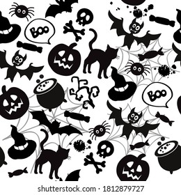 Vector illustration with items for Halloween. Bat, pumpkin, cat and skull seamless pattern