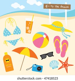 Vector illustration of items related to the beach activities.