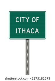 Vector illustration of the Ithaca City (New York) green road sign on metallic post