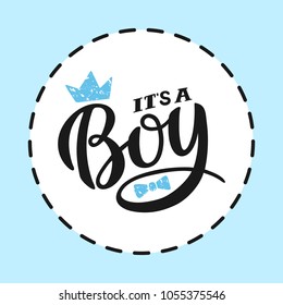 Vector illustration of "It's a boy " lettering decorated by crown and bow tie. Hand drawn style for baby shower decoration. Congratulations on the birth of son. Print for boys clothes. EPS 10