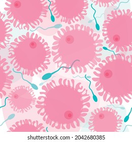 Vector illustration of IVF repeating seamless pattern. Pattern with liquid and cells. Fertilization in vitro. Help fight infertility. Interaction of cells under a microscope. Background design, fabric