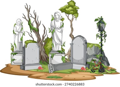 Vector illustration of ivy-covered cemetery statues, gravestones, and lamppost in abandoned overgrown landscape