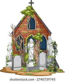 Vector illustration of ivy-covered chapel, weathered gravestones, angel statues, and twisted trees