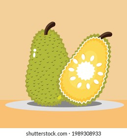 Vector illustration of a jack fruit, minimal style. Isolated objects on color background. - full and a sliced jackfruit 