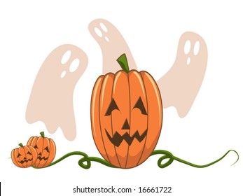 vector illustration of a jack -o- lantern and some ghosts