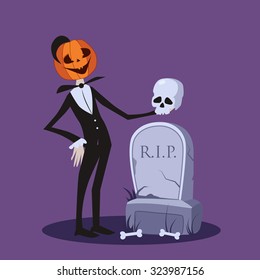 Vector illustration of Jack o Lantern standing with a skull near the grave