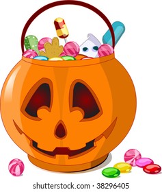 A vector illustration of Jack O' Lantern  bag full of Halloween treats.