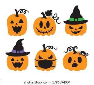 Vector illustration of jack o lanterns. Cute halloween pumpkin with witch hats and spider vector.