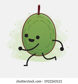 Vektorgrafik des Jackfruchtzeichens mit süßem Gesicht, einfachen Händen und Beinlinien auf isoliertem Hintergrund. Flacher Cartoon-Doodle-Stil.