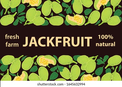 vector illustration of jackfruit and leaf design background brown text fresh farm 100% natural EPS10