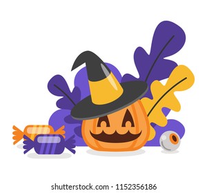 Vector illustration of jack-o-lantern and halloween decorations. Isolated on white