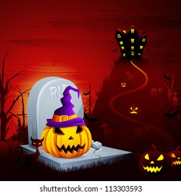 vector illustration of Jack-o-lantern on grave in Halloween night
