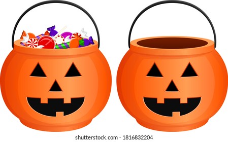 Vector illustration of a jack-o'-lantern style, orange Halloween candy bucket, both full and empty.