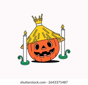 Vector illustration of a jack-o'-lantern wearing a straw hat with candles on both sides. Fun and spooky theme perfect for halloween and seasonal decorations.