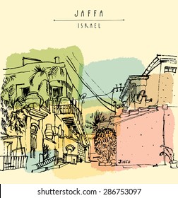 Vector illustration of Jaffa (Yafo), near Tel Aviv, Israel. Grungy colorful drawing with houses and palm trees. Postcard greeting card graphic design template with a space for text.