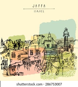 Vector illustration of Jaffa (Yafo), Tel Aviv, Israel. Grungy black ink brush outline drawing with lighthouse, houses and trees. Postcard greeting card graphic design template with a space for text.