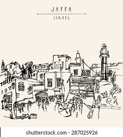 Vector illustration of Jaffa (Yafo), Tel Aviv, Israel. Grungy black ink brush outline drawing with lighthouse, houses and trees. Postcard greeting card graphic design template with a space for text.