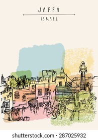 Vector illustration of Jaffa (Yafo), Tel Aviv, Israel. Grungy black ink brush outline drawing with lighthouse, houses and trees. Postcard greeting card graphic design template with a space for text.