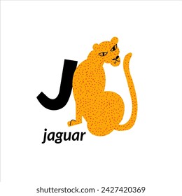 Vector illustration with jaguar and English capital letter J. childish alphabet for language learning