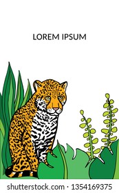 Vector illustration with jaguar sitting among the tropical plants. Exotic nature bright design element