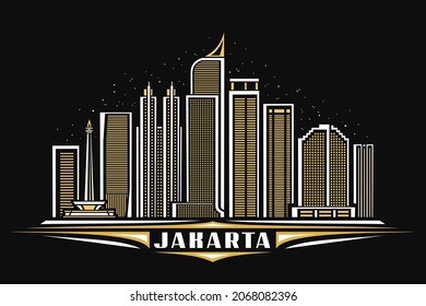 Vector illustration of Jakarta, horizontal poster with linear design famous jakarta city scape on dusk starry sky background, urban line art concept with decorative lettering for word jakarta on dark.