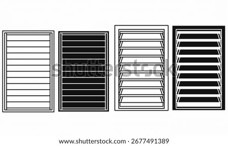 Vector illustration of jalousie window set with horizontal slats, louver shutter design in black and white line art, perfect for architecture, ventilation, and building design.