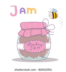 Vector illustration of jam. Cute alphabet in vector.J letters. Funny cartoon.