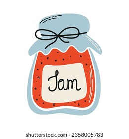 Ilustración vectorial de la mermelada. Jar de la mermelada. Preservación dulce de verano. Objeto único de estilo Doodle aislado en fondo transparente.