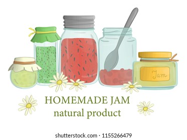 Vector illustration of jam jars with wild flowers and bee. Banner, card, template, sign, signboard or poster for home made jam shop. Watercolor effect