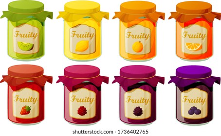 Vector illustration of jam marmalade and jelly in glass jars isolated on white background.