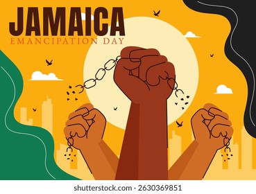Vector Illustration of Jamaica Emancipation Day on August 1st featuring a Waving Flag and Broken Hand Chain to Commemorate the National Holiday