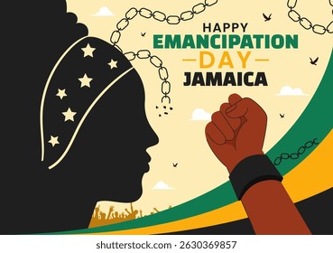 Vector Illustration of Jamaica Emancipation Day on August 1st featuring a Waving Flag and Broken Hand Chain to Commemorate the National Holiday
