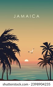 Ilustración vectorial. Jamaica. Isla tropical. Afiche vertical, pancarta, postal, turismo, viajes. Diseño de impresión.