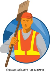 vector illustration of a janitor cleaner sweeper with broom facing front set inside circle done in art deco retro style.