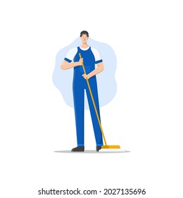 ilustración vectorial de un conserje limpiando el suelo de la habitación