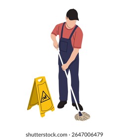 Vector illustration of a janitor cleaning the floor with a mop and caution wet floor sign. Ideal for hygiene, sanitation, cleaning service, or safety-themed designs.
