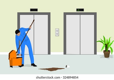 Vector Illustration Of A Janitor Cleaning Spilled Coffee