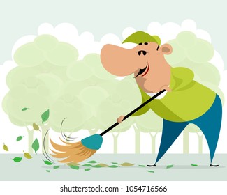 Vector illustration of janitor sweeping on the street