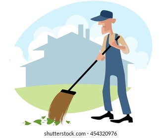 Vector illustration of a janitor sweeping the yard