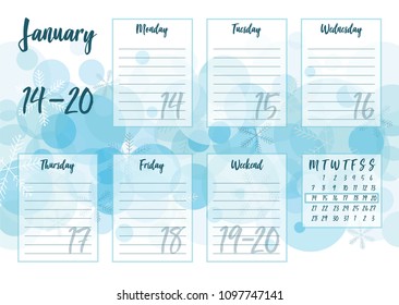 Vector illustration of January 2019 Weekly planner with abstract winter background. For print notebooks, format A5. Cute page for notes. Daily planner 2019 calendar for companies and private use.