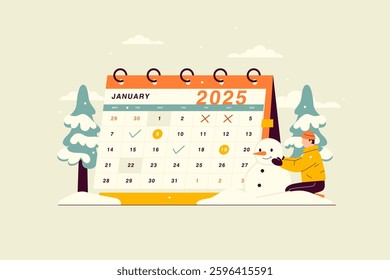 Vector illustration of January 2025 calendar with winter atmosphere in the form of snow-covered trees and a snowman made by a boy. Desk yearly calendar with a divider grid and space for notes