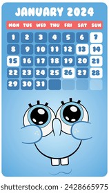 Vector illustration January Cartoon theme Calendar 2024 Editable Template