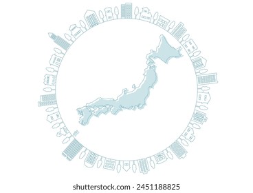 Vector illustration of Japan and buildings. Line drawing Japan map and circular cityscape frame. White background. 