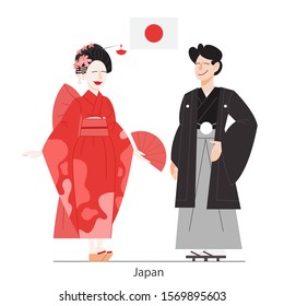 Vector illustration of Japan citizen in national costume with a flag. Man and woman in traditional clothes. Male and female wearing ethnic dress. Vector flat illustration.