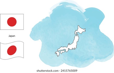 Ilustración vectorial de la bandera japonesa, bandera ondulante, fondo marino y mapa simple pintado con acuarelas