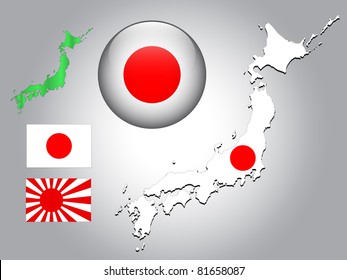 Vector illustration of Japan map and glossy ball with flag pattern,  japanese navy and army flag